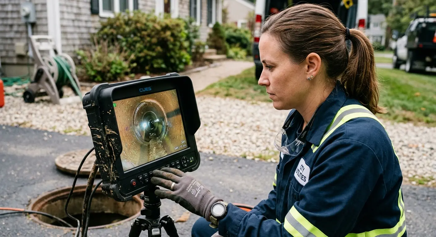 Technician reviewing sewer camera inspection footage in DeFuniak Springs
