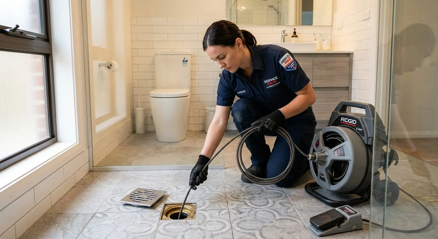 Technician clearing a bathroom floor drain for Hydro Jetting in DeFuniak Springs